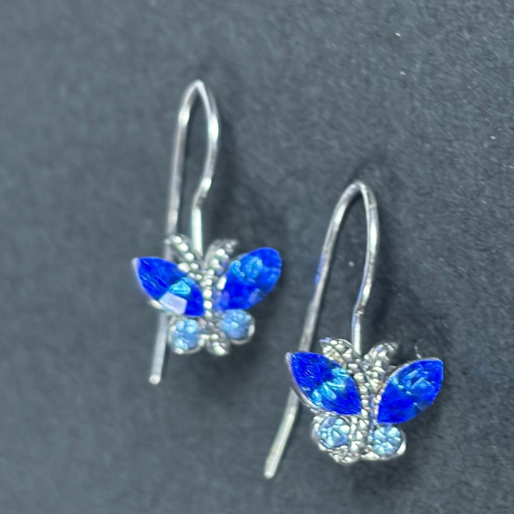 Blue Crystal Butterfly Drop Earrings Silver Tone French Wire Dangle Jewelry